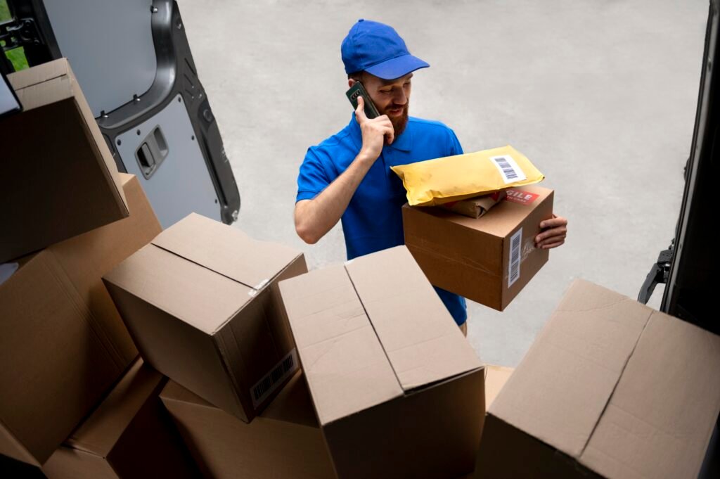 medium shot delivery man talking phone